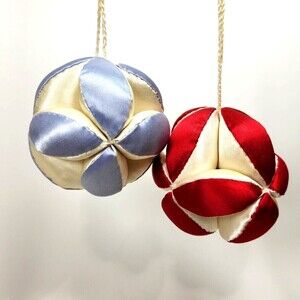 Vintage Quilted Puzzle Balls Hanging Ornaments X 2 Christmas Satin Fabric